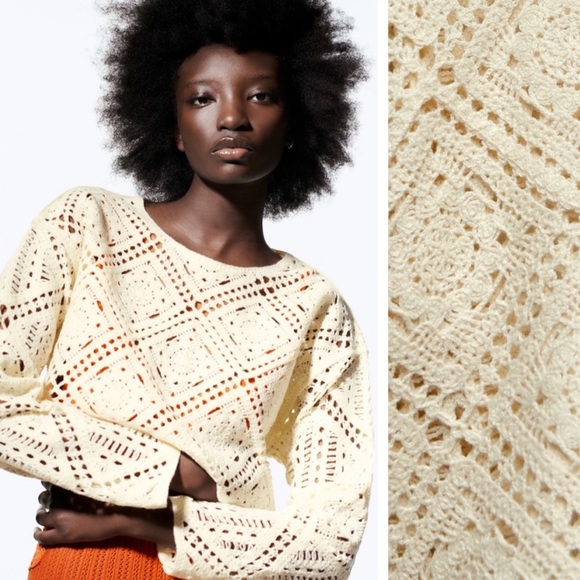 Zara Ecru Crocheted Knit Cropped Sweater - Picture 6 of 12